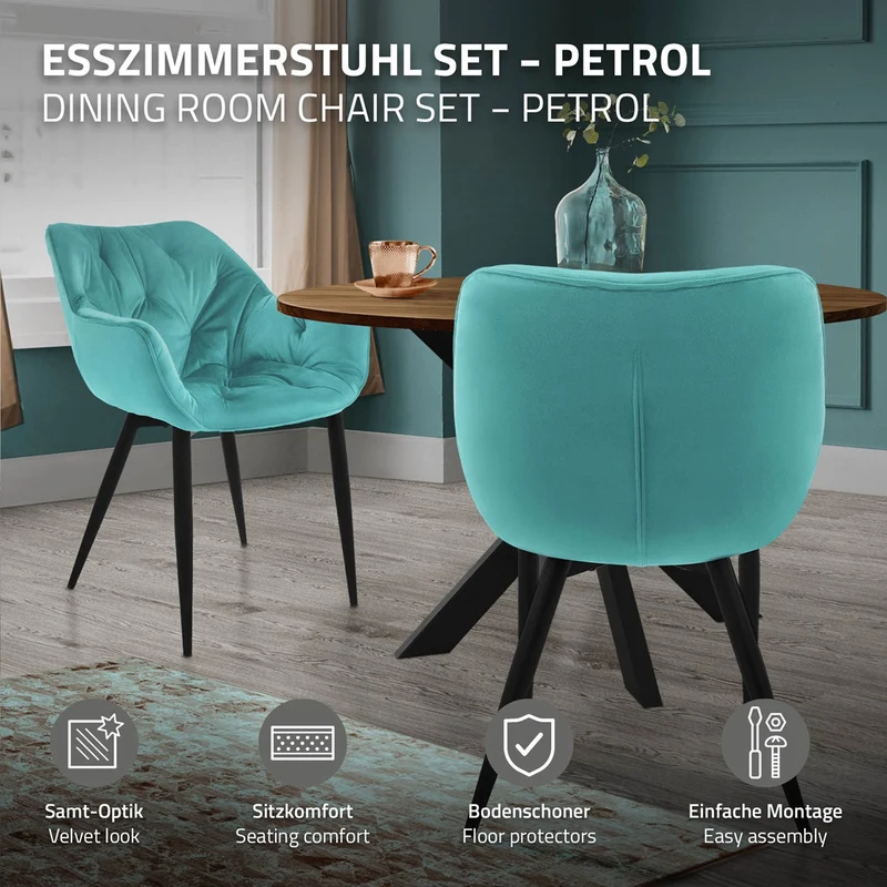 Esszimmerstuhl 4er Set Große Rauten Steppung mit Rücken- und Armlehnen Petrol Küchenstuhl mit Microfaser-Samtbezug ML-Design