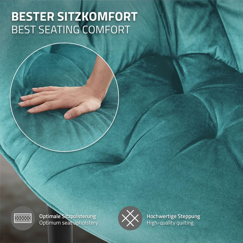 Esszimmerstuhl 4er Set Große Rauten Steppung mit Rücken- und Armlehnen Petrol Küchenstuhl mit Microfaser-Samtbezug ML-Design