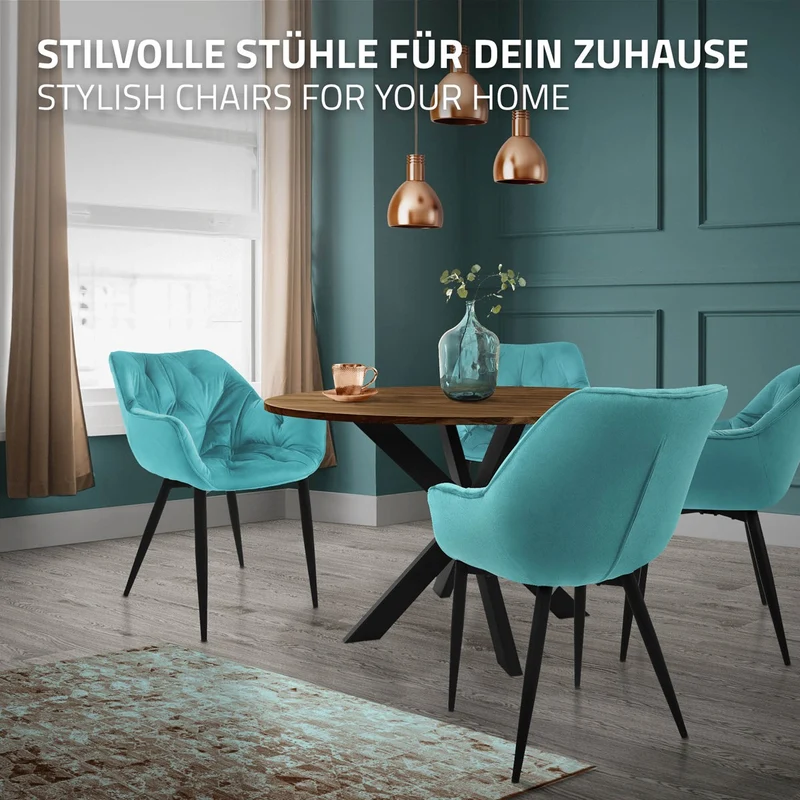 Esszimmerstuhl 4er Set Große Rauten Steppung mit Rücken- und Armlehnen Petrol Küchenstuhl mit Microfaser-Samtbezug ML-Design