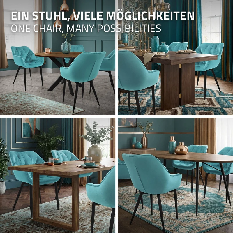 Esszimmerstuhl 4er Set Große Rauten Steppung mit Rücken- und Armlehnen Petrol Küchenstuhl mit Microfaser-Samtbezug ML-Design