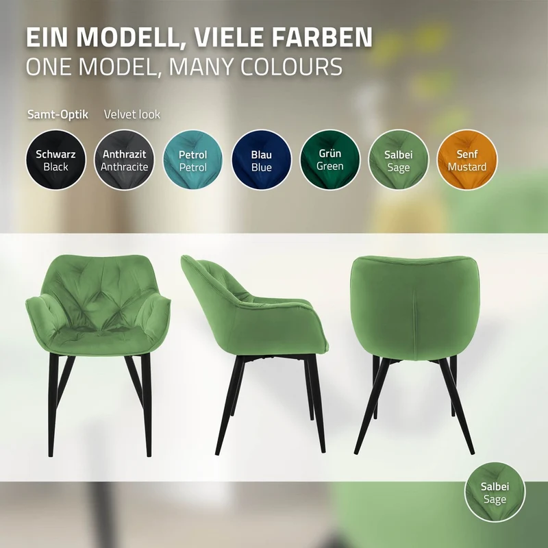 Esszimmerstuhl 6er Set Große Rauten Steppung mit Rücken- und Armlehnen Salbei Küchenstuhl mit Microfaser-Samtbezug ML-Design