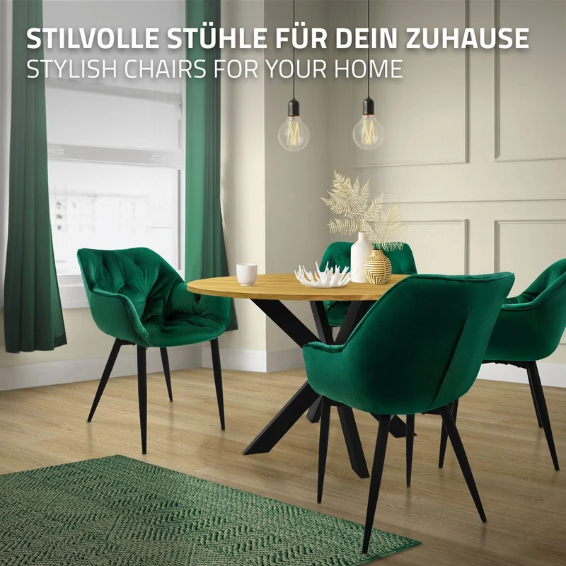 Esszimmerstuhl 4er Set Große Rauten Steppung mit Rücken- und Armlehnen Dunkelgrün Küchenstuhl mit Microfaser-Samtbezug ML-Design