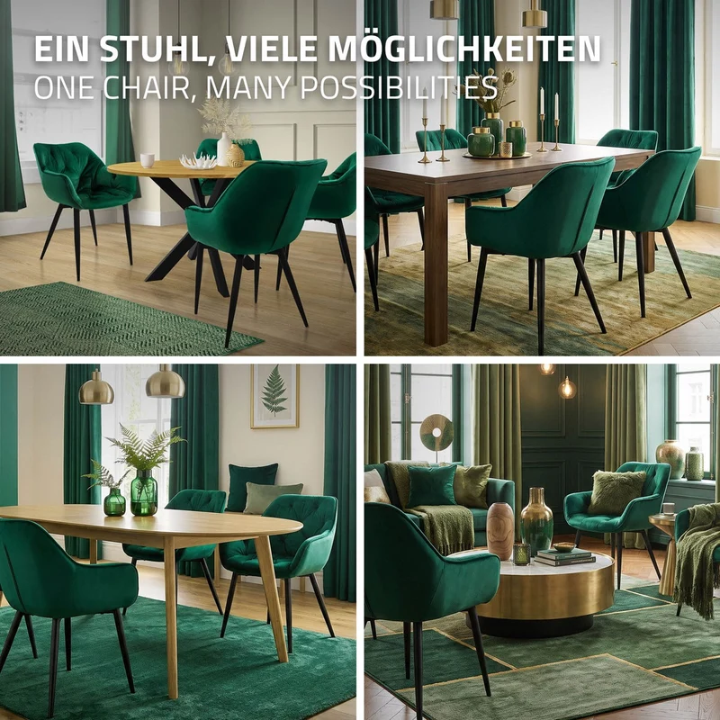 Esszimmerstuhl 4er Set Große Rauten Steppung mit Rücken- und Armlehnen Dunkelgrün Küchenstuhl mit Microfaser-Samtbezug ML-Design