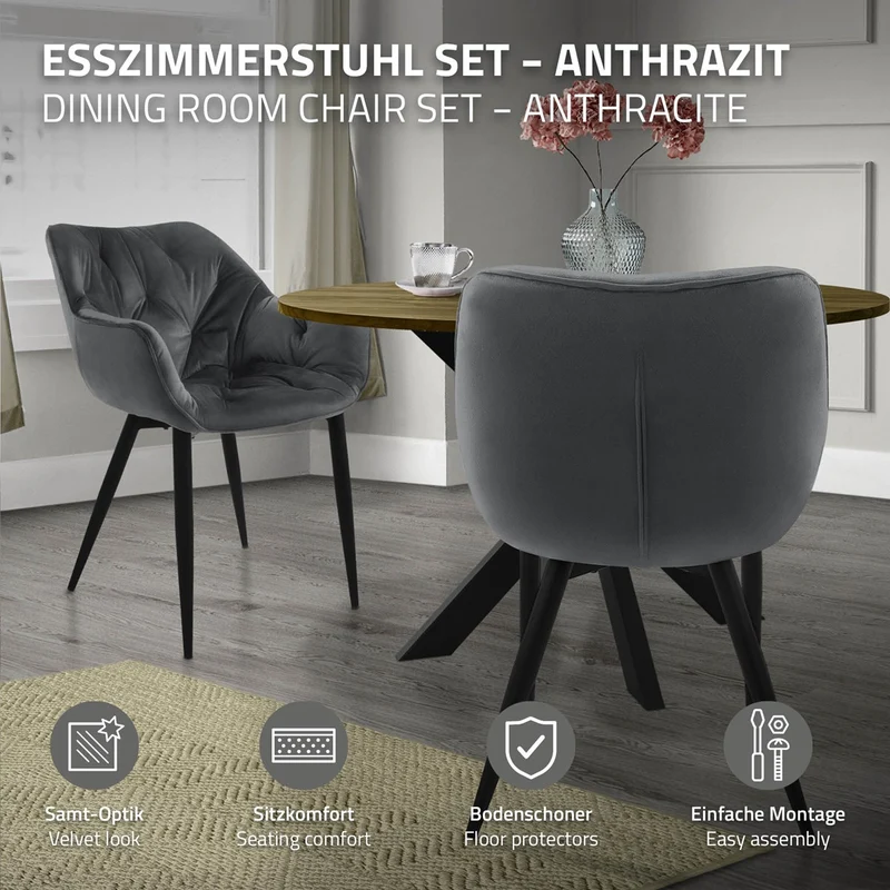 Esszimmerstuhl 6er Set mit Rücken- und Armlehnen Anthrazit Küchenstuhl mit Microfaser-Samtbezug ML-Design