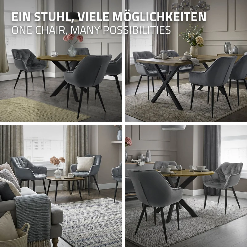 Esszimmerstuhl 6er Set mit Rücken- und Armlehnen Anthrazit Küchenstuhl mit Microfaser-Samtbezug ML-Design