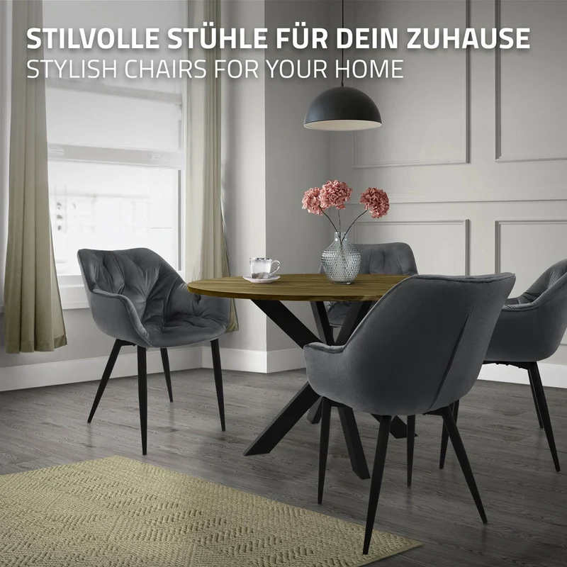 Esszimmerstuhl 4er Set mit Rücken- und Armlehnen Anthrazit Küchenstuhl mit Microfaser-Samtbezug ML-Design