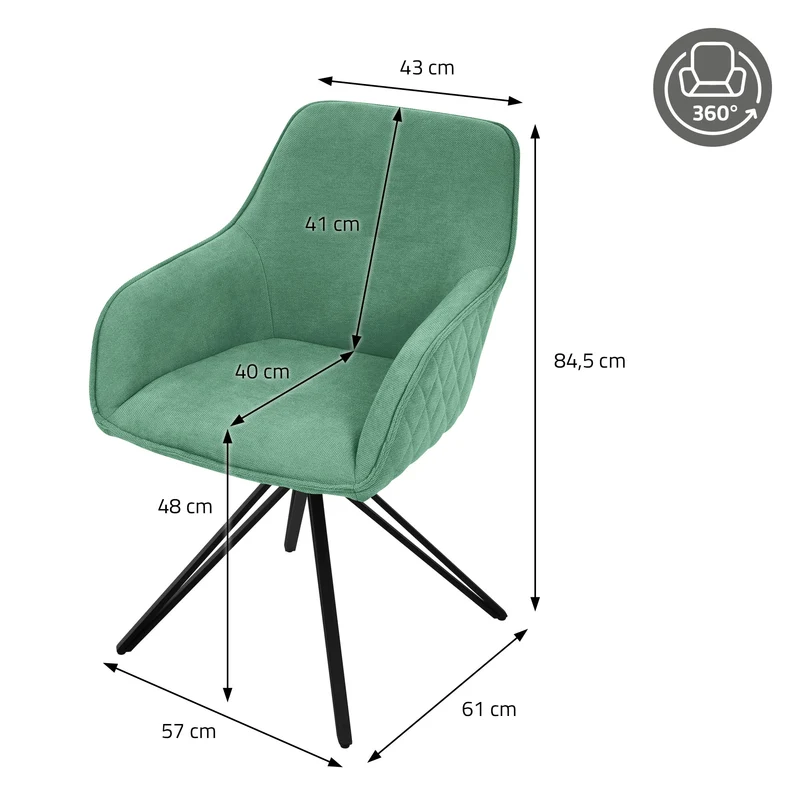 Esszimmerstuhl drehbar Grün aus Textil Webstoff Küchenstuhl mit Rücken- und Armlehne ML-Design