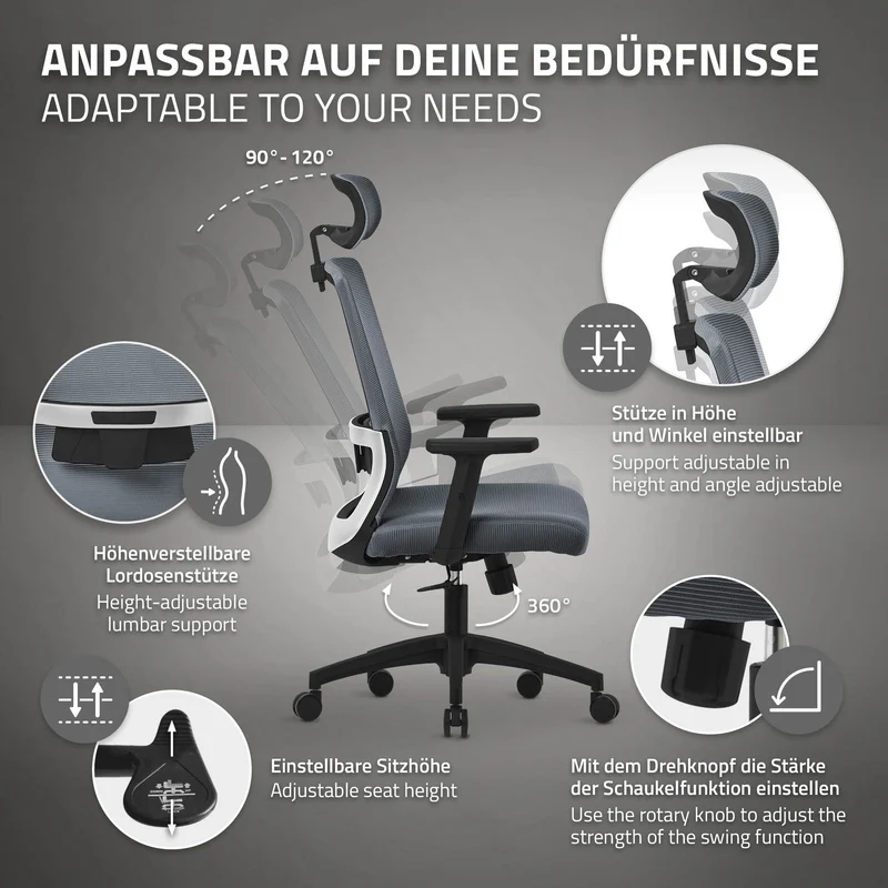 Ergonomischer Bürostuhl Grau Netzgewebe mit verstellbaren Armlehnen und Kopfstütze ML-Design