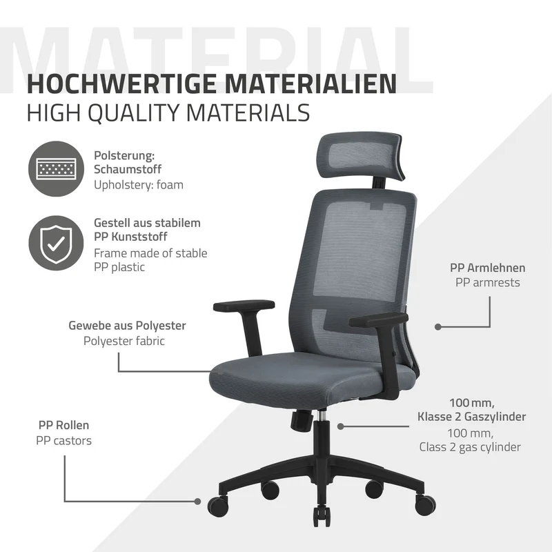 Ergonomischer Bürostuhl Grau Netzgewebe mit verstellbaren Armlehnen und Kopfstütze ML-Design