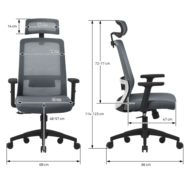 Ergonomischer Bürostuhl Grau Netzgewebe mit verstellbaren Armlehnen und Kopfstütze ML-Design