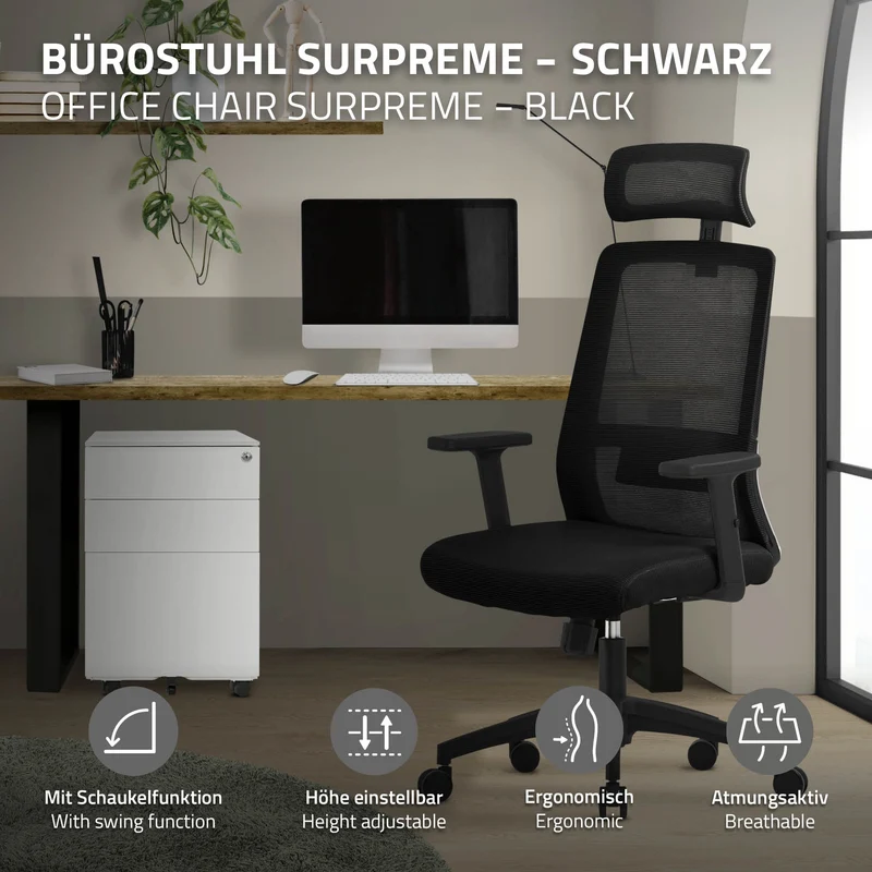 Ergonomischer Bürostuhl Schwarz Netzgewebe mit verstellbaren Armlehnen und Kopfstütze ML-Design