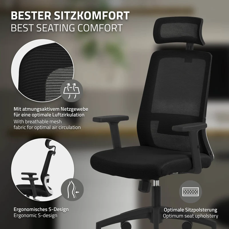 Ergonomischer Bürostuhl Schwarz Netzgewebe mit verstellbaren Armlehnen und Kopfstütze ML-Design