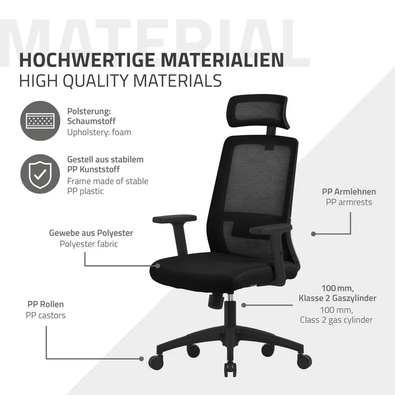 Ergonomischer Bürostuhl Schwarz Netzgewebe mit verstellbaren Armlehnen und Kopfstütze ML-Design