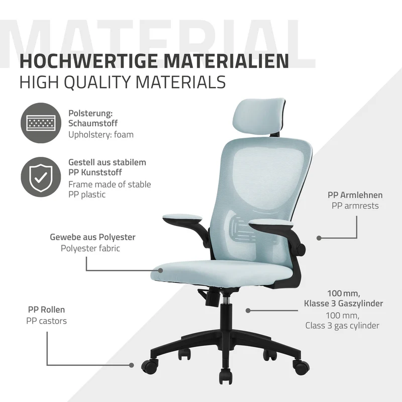 Ergonomischer Bürostuhl Blau Netzgewebe mit verstellbarer Kopfstütze und Rollen ML-Design