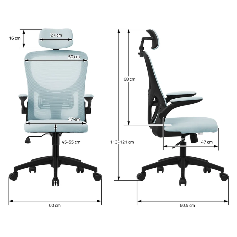 Ergonomischer Bürostuhl Blau Netzgewebe mit verstellbarer Kopfstütze und Rollen ML-Design