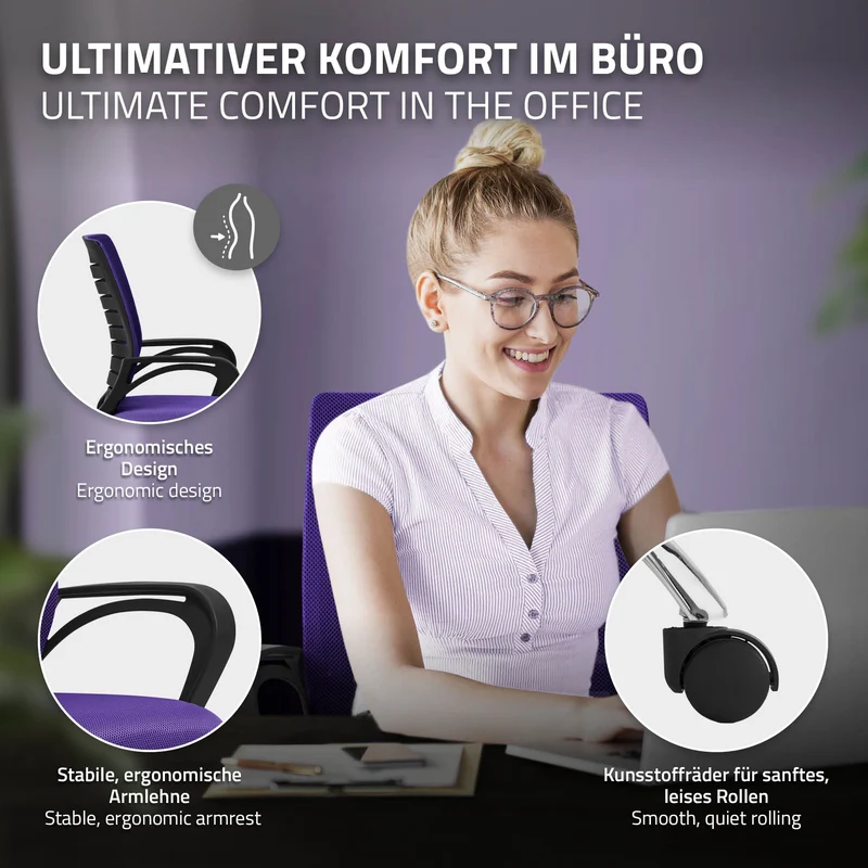 Ergonomischer Bürostuhl mit Armlehnen Netzgewebe Lila mit Rollen ML-Design