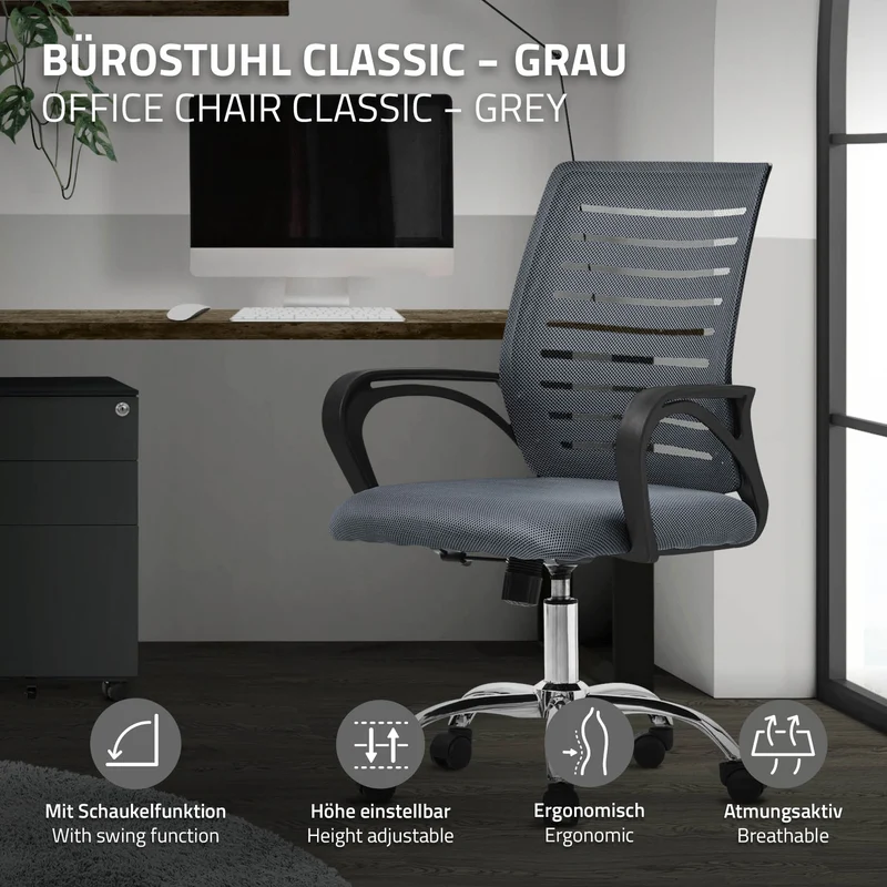 Ergonomischer Bürostuhl mit Armlehnen Netzgewebe Grau mit Rollen ML-Design