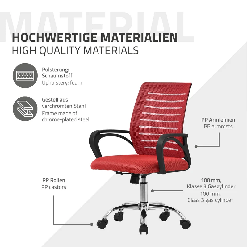 Ergonomischer Bürostuhl mit Armlehnen Netzgewebe Rot mit Rollen ML-Design