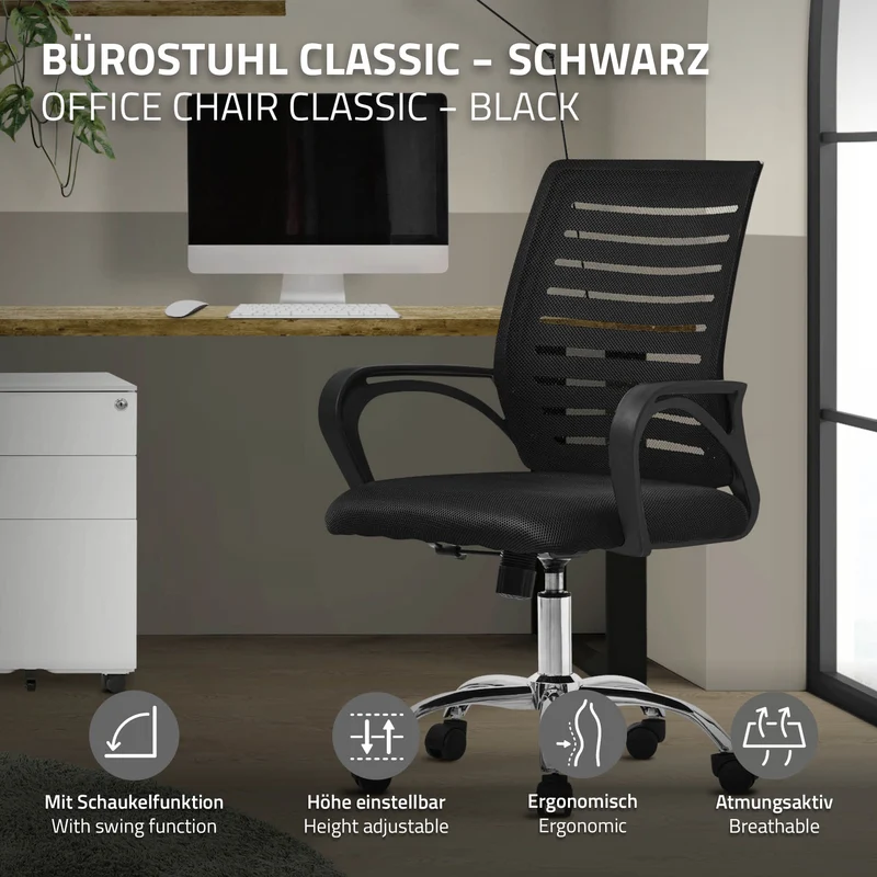 Ergonomischer Bürostuhl mit Armlehnen Netzgewebe Schwarz mit Rollen ML-Design