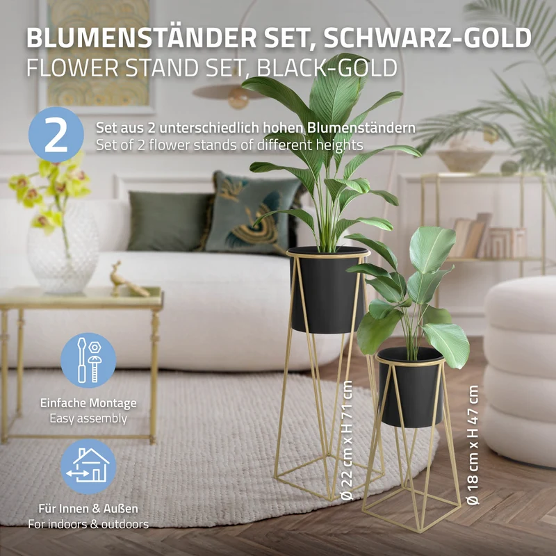 2er Set Blumenständer 21,8x22x47 / 25x25x71 cm Schwarz/Gold aus Stahl ML-Design