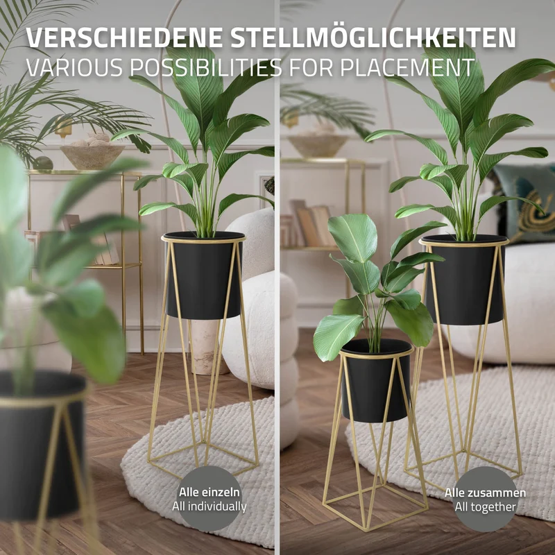 2er Set Blumenständer 21,8x22x47 / 25x25x71 cm Schwarz/Gold aus Stahl ML-Design