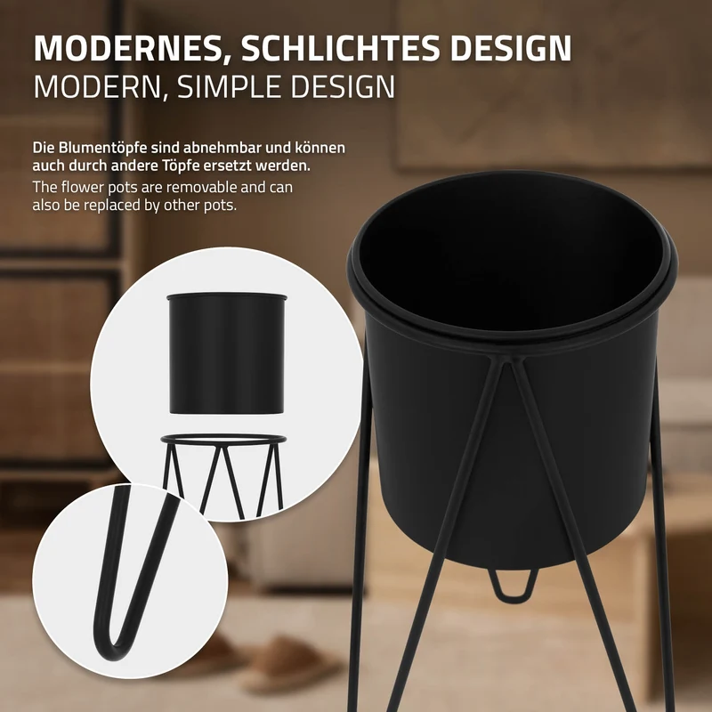 2er Set Blumenständer 27x27x48,5 / 35,5x34x75 cm Schwarz aus Stahl ML-Design