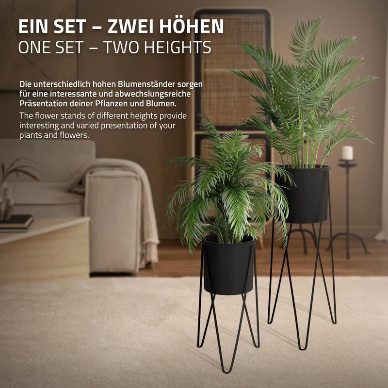 2er Set Blumenständer 27x27x48,5 / 35,5x34x75 cm Schwarz aus Stahl ML-Design