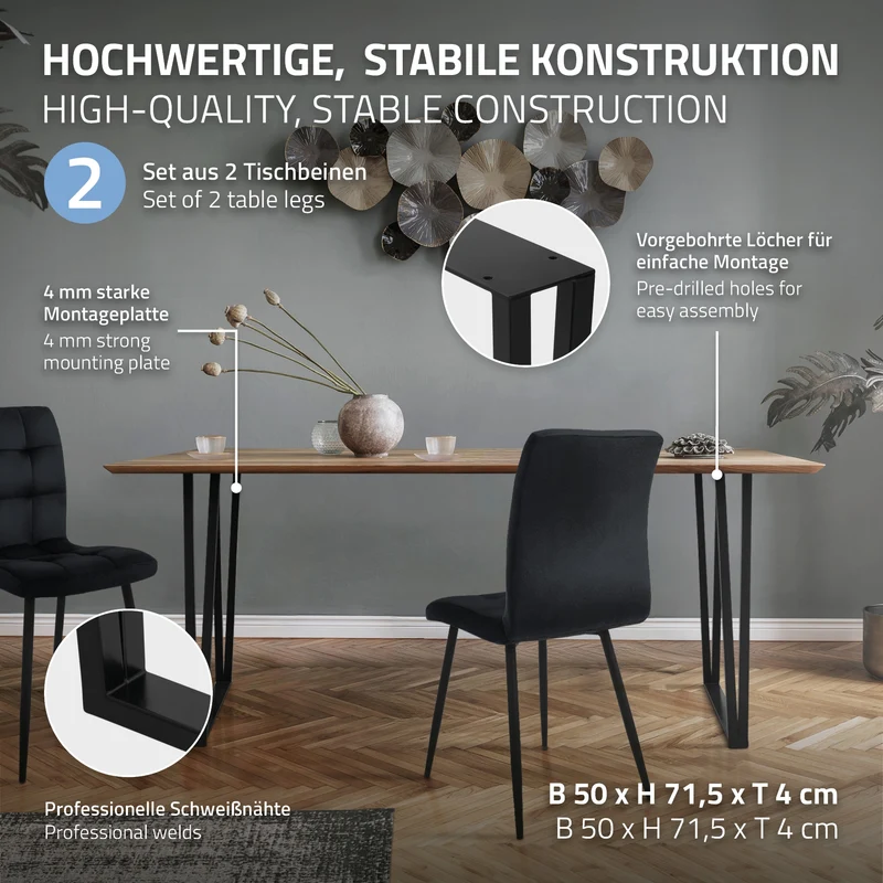 2 Stück Tischbeine B50xH71,5 cm Tischkufen rechteckige Form Stahl pulverbeschichtet Schwarz ML-Design
