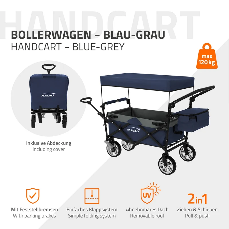HAUKI | Bollerwagen XXL faltbar mit Dach und Tasche bis 120 kg aus Stahl Blau-Grau Transportwagen Handwagen klappbar für Kinder Picknick & Camping