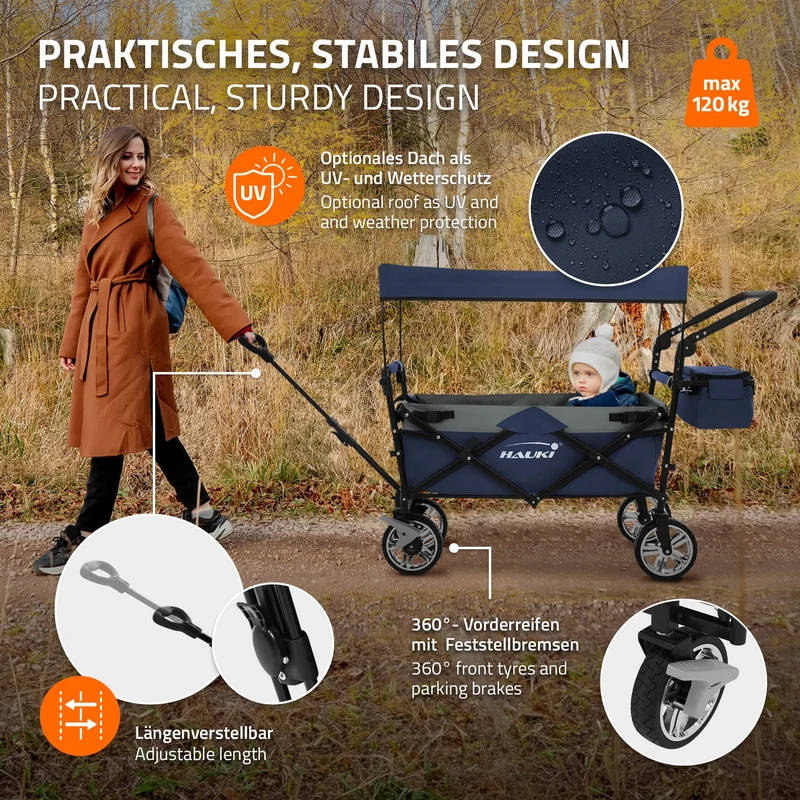 HAUKI | Bollerwagen XXL faltbar mit Dach und Tasche bis 120 kg aus Stahl Blau-Grau Transportwagen Handwagen klappbar für Kinder Picknick & Camping