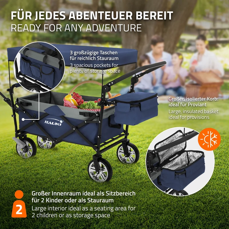 HAUKI | Bollerwagen XXL faltbar mit Dach und Tasche bis 120 kg aus Stahl Blau-Grau Transportwagen Handwagen klappbar für Kinder Picknick & Camping