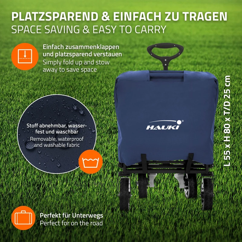 HAUKI | Bollerwagen XXL faltbar mit Dach und Tasche bis 120 kg aus Stahl Blau-Grau Transportwagen Handwagen klappbar für Kinder Picknick & Camping