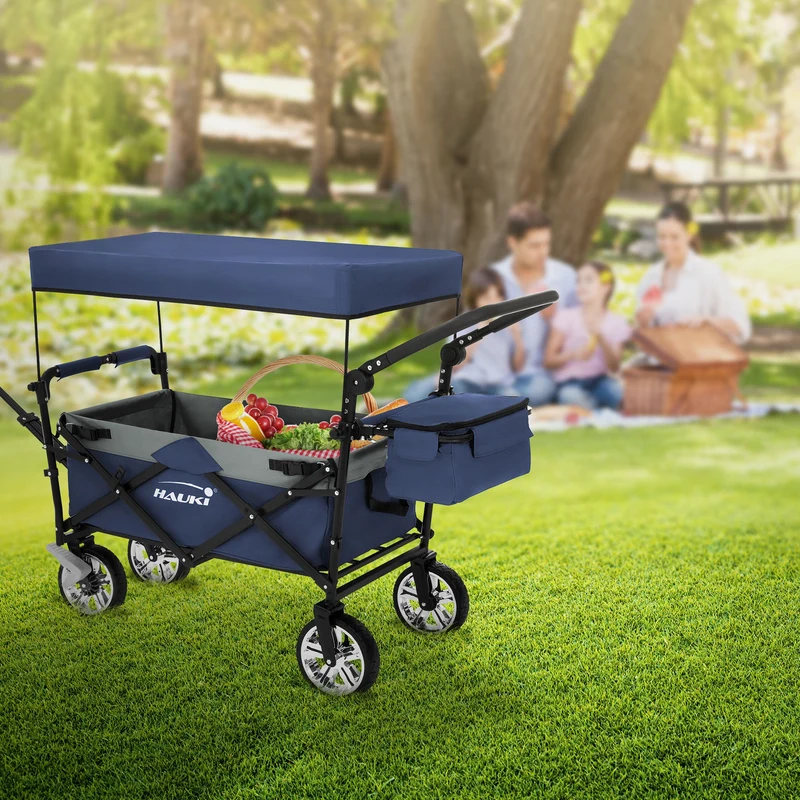 HAUKI | Bollerwagen XXL faltbar mit Dach und Tasche bis 120 kg aus Stahl Blau-Grau Transportwagen Handwagen klappbar für Kinder Picknick & Camping