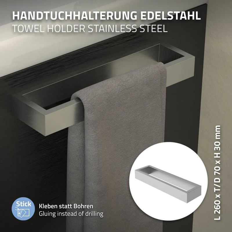 Handtuchhalter selbstklebend ohne Bohren 26 cm Silber aus Edelstahl ML-Design