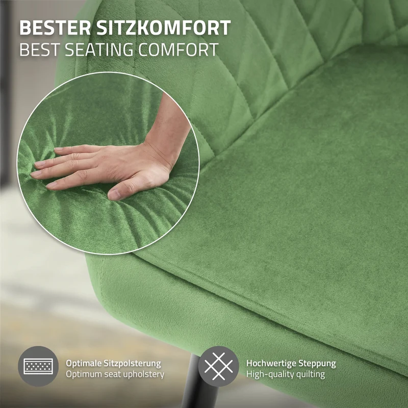 Esszimmerstuhl 4er Set Rauten Steppung mit Rücken- und Armlehnen Salbei Küchenstuhl mit Microfaser-Samtbezug ML-Design