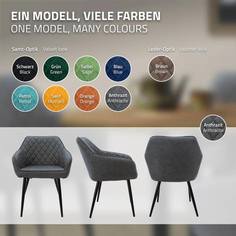 Esszimmerstuhl 6er Set Rauten Steppung mit Rücken- und Armlehnen Anthrazit Küchenstuhl mit Kunstleder Bezug ML-Design