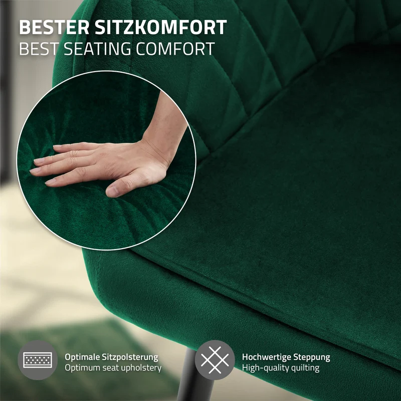 Esszimmerstuhl 6er Set Rauten Steppung mit Rücken- und Armlehnen Dunkelgrün Küchenstuhl mit Microfaser-Samtbezug ML-Design