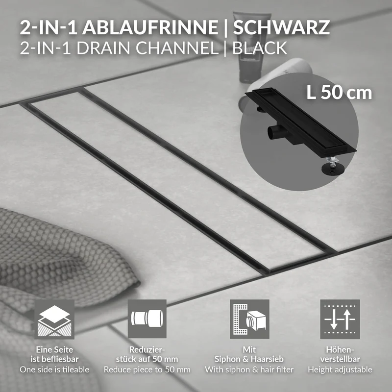 Edelstahl Duschrinne befliesbar 50 cm und Siphon Komplettset Schwarz flach LuxeBath