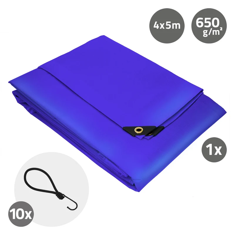 Abdeckplane Gewebeplane mit Ösen 4x5 m 650g/m² in Blau aus PVC inkl. 10 Spanngummis