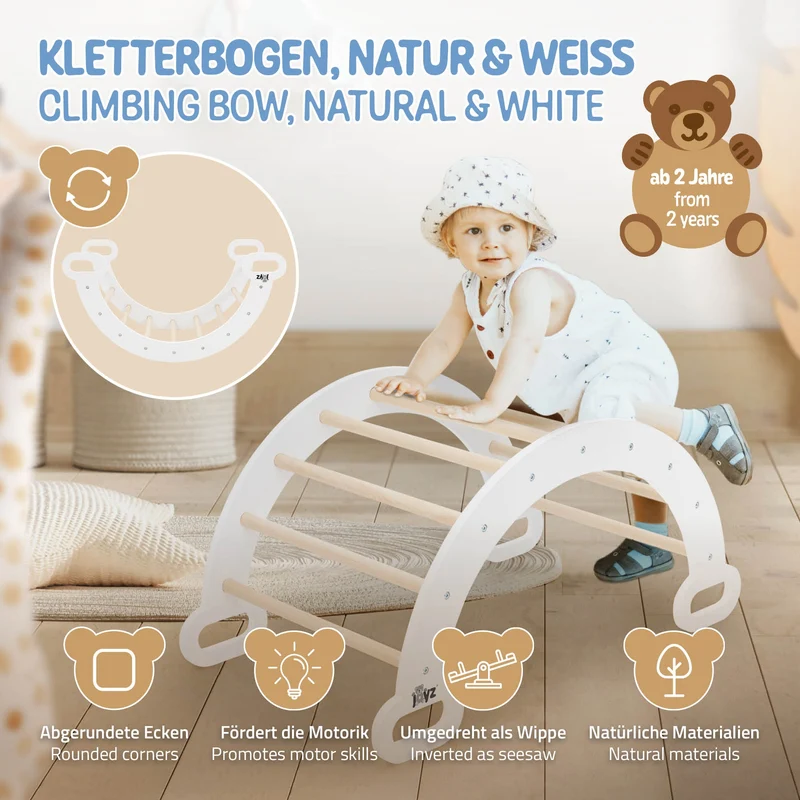 Kletterbogen für Kinder 89x52x45,5 cm Natur/Weiß aus Holz Joyz