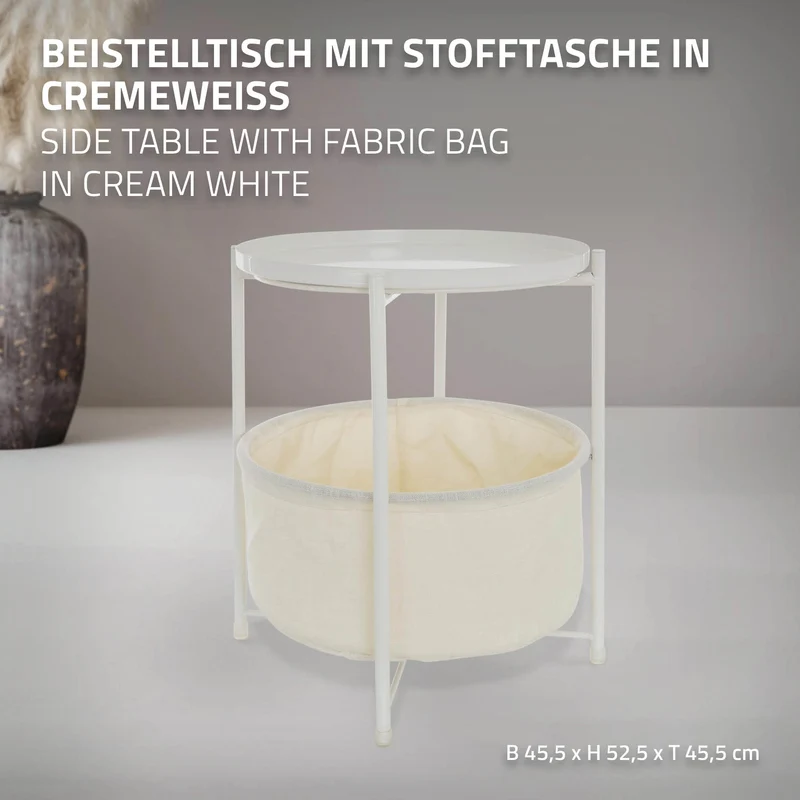 Beistelltisch rund 45,5x52,5 cm Weiß aus Metall inkl. Stoffkorb und Tablett ML-Design
