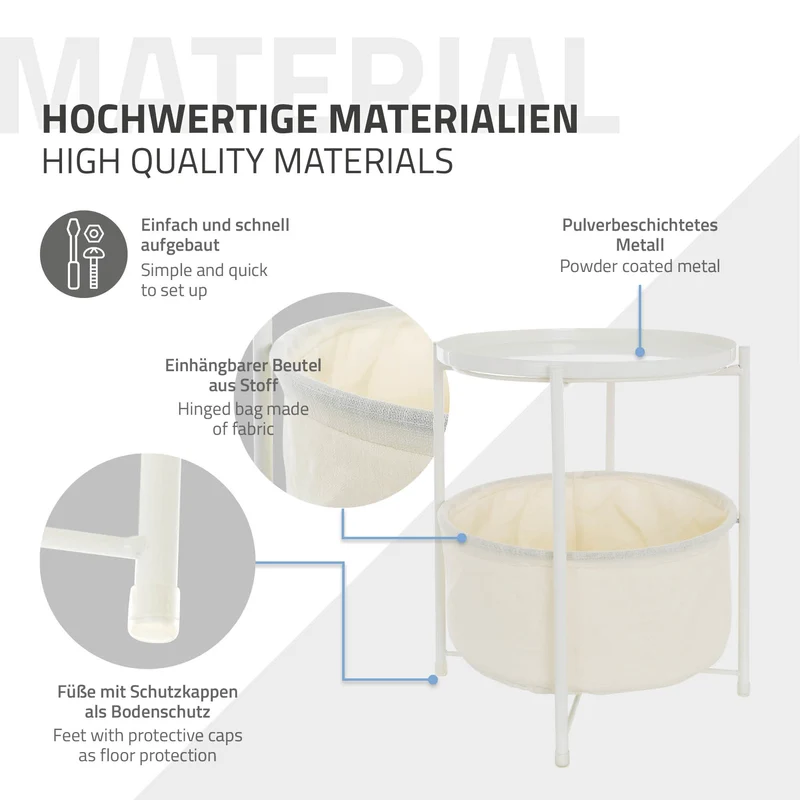 Beistelltisch rund 45,5x52,5 cm Weiß aus Metall inkl. Stoffkorb und Tablett ML-Design