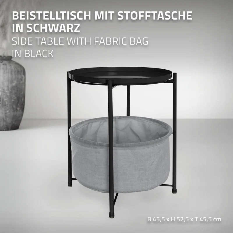 Beistelltisch rund 45,5x52,5 cm Schwarz aus Metall inkl. Stoffkorb und Tablett ML-Design