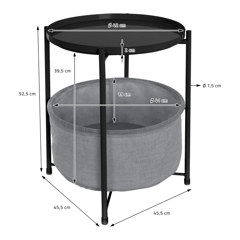 Beistelltisch rund 45,5x52,5 cm Schwarz aus Metall inkl. Stoffkorb und Tablett ML-Design