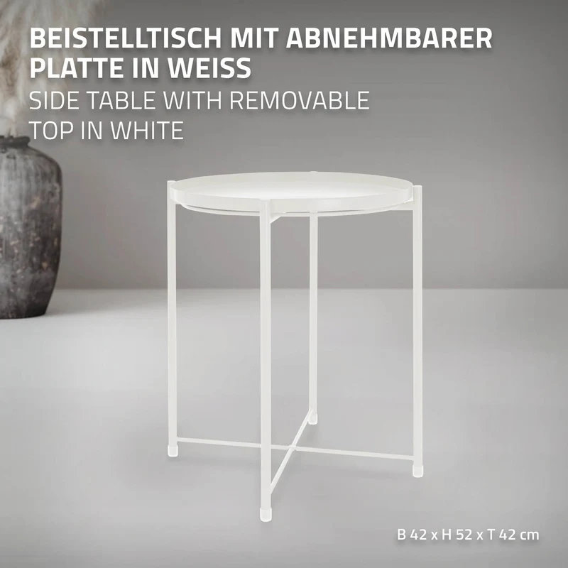 Beistelltisch rund Ø42x52 cm Weiß aus Metall mit Tablett ML-Design