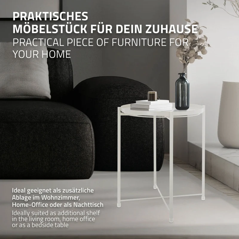 Beistelltisch rund Ø42x52 cm Weiß aus Metall mit Tablett ML-Design