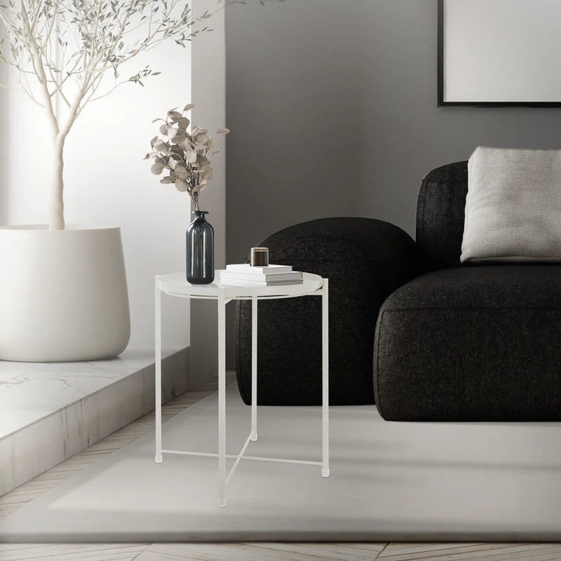Beistelltisch rund Ø42x52 cm Weiß aus Metall mit Tablett ML-Design