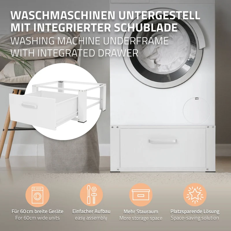 Waschmaschinen Untergestell Unterschrank 63x54x31 cm mit Schublade in Weiß ML-Design