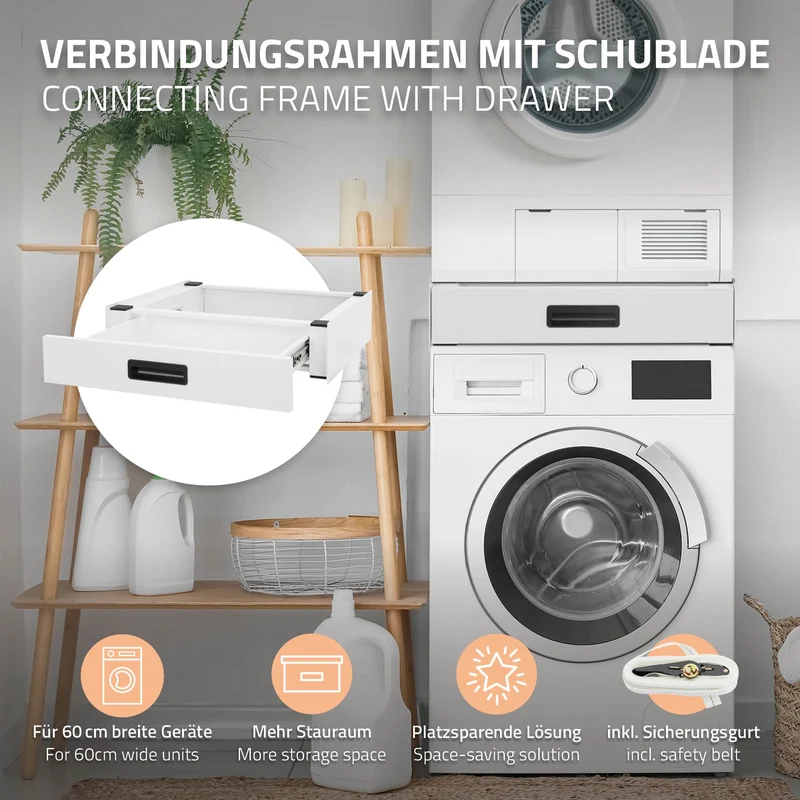 Zwischenbaurahmen für Waschmaschine Verbindungsrahmen mit Schublade 60,5x54 cm in Weiß ML-Design