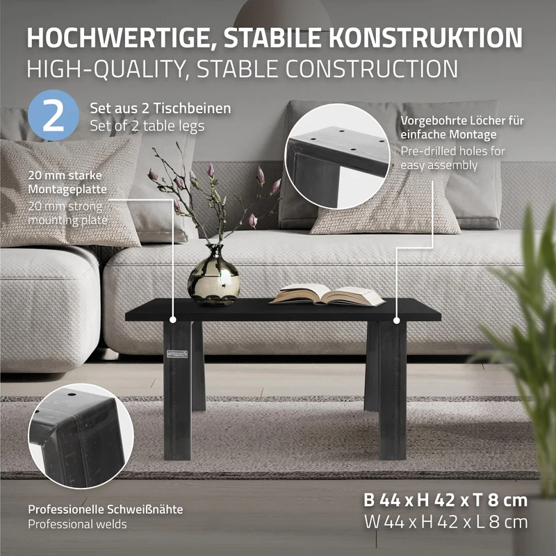 2er Set Tischbeine Bankkufen Loft 44x42 cm Industrial Profil 8x2cm Stahl U-Form ML-Design